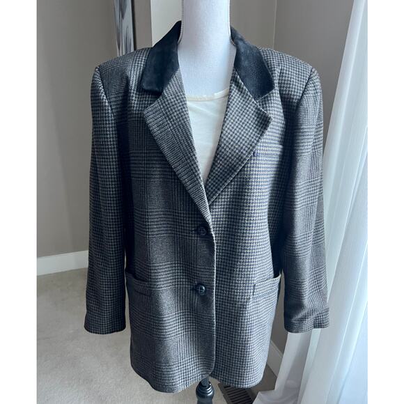 Vtg East End black plaid classic blazer with leather collar size L - Picture 7 of 7